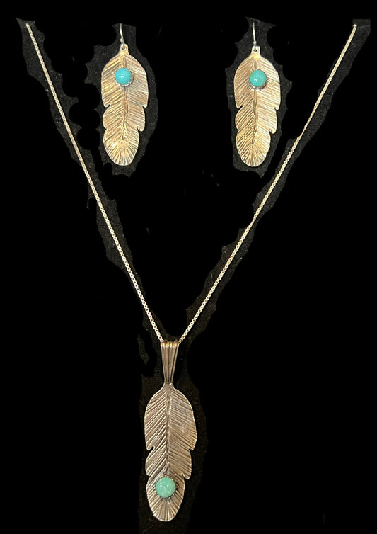 Tooled Feather and Turquoise Earring/Necklace Set